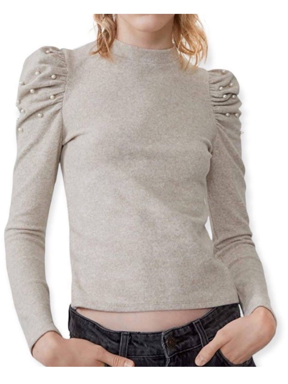 Zara Cream Puff-Sleeve Long-Sleeve Top with Pearl Detail